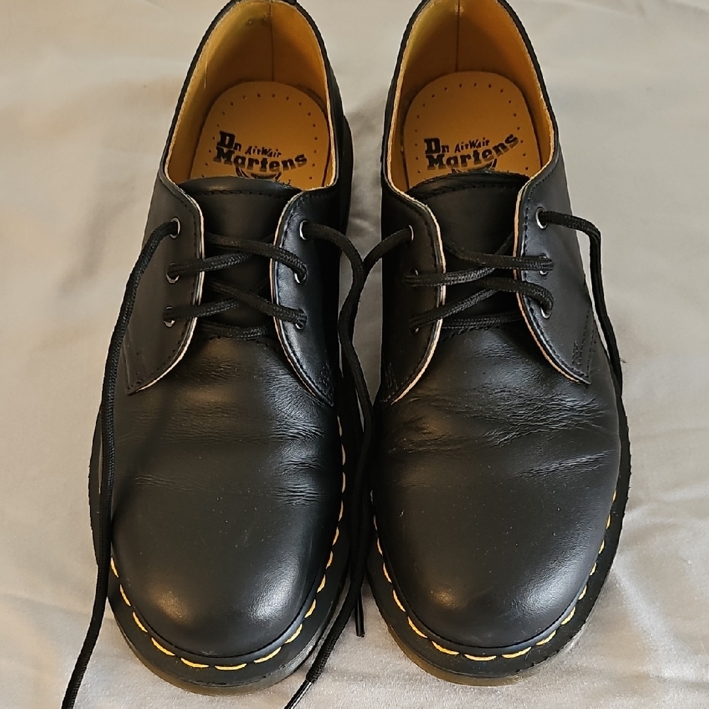 Dr. Martens Black Leather Oxfords with Yellow Stitching